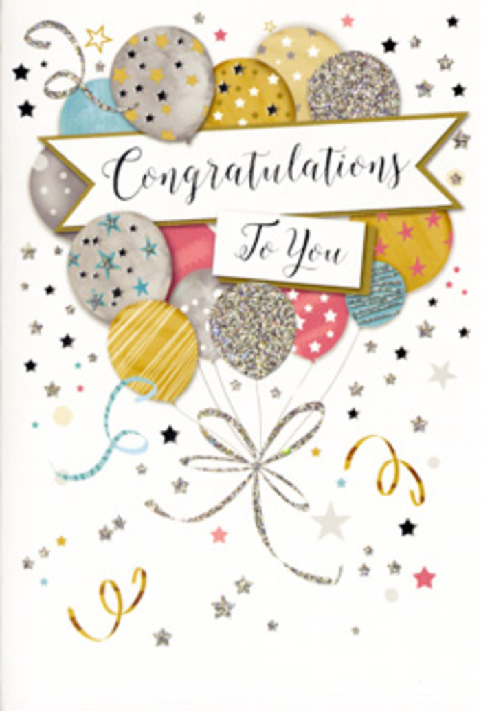 An elegant congratulations card stands as the focal point of the scene, its artwork evoking the thoughtful preparation that goes into marking a special occasion in Hammersmith. At its heart is a cluster of floating balloons, rendered in a soothing palette of champagne, warm gold, cool silver, powder blue, rose pink, and misty grey. Each rounded balloon has been given its own distinct decoration: minuscule stars dance across some, precise stripes wrap around others, and soft glimmers of glitter catch the light along the curves. The balloon strings, drawn as slender threads of shimmering gold and silver, arc gently downwards and gather into a tidy, artistic knot near the lower edge of the card, creating a visual anchor amidst the upward motion. Cutting gracefully through the centre is a banner, slightly curved and edged with metallic detail, carrying a message of congratulations in beautifully flowing script that stands out just enough from the surface to suggest embossed or foil printing. The background is alive with small, joyful accents-scattered stars, spiralling ribbons, and confetti-like dots that swirl around the balloons without overwhelming them. The overall composition is balanced and calm, much like the feeling of walking through Ravenscourt Park with a bouquet and card in hand, on the way to congratulate a friend. The mood is warm, proud, and celebratory, while still maintaining a refined understatement. One can easily imagine this card nestled beside fresh blooms from Florist Hammersmith on a coffee table near Stamford Brook, quietly expressing admiration for a new qualification, a promotion, or any milestone that calls for a heartfelt, beautifully presented message.
