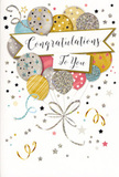 This congratulations card captures a moment of poised celebration, the kind you might share after a successful day in Hammersmith's busy streets, when everything slows for a toast at home. In the centre, a bouquet of illustrated balloons floats upward in a tight, harmonious cluster. The colour palette is delicate and sophisticated: muted golds and silvers blend with champagne, soft blue, blush pink, and gentle grey. Each balloon is detailed with its own pattern-tiny star motifs, refined stripes, or gentle bursts of glitter-like texture-so the eye moves from one to the next, discovering subtle differences. Thin strings sweep down from the balloons, drawn in metallic gold and silver lines that curl loosely before gathering in a neat knot, as if tied to an invisible weight just out of view. A broad, ribbon-like banner passes across the middle of the design, bearing the words Congratulations To You in an elegant, handwritten-style script that suggests care and sincerity. Around this central composition, the pale background is dotted with twinkling stars, looping ribbons, and small confetti marks that give the card a sense of motion and liveliness without ever feeling busy. The effect is similar to pairing a classic, hand-tied bouquet from a local Hammersmith florist with just the right card: understated, polished, and full of genuine feeling. Ideal for graduations, job offers, promotions along King Street, or any proud milestone, this card's calm shimmer and graceful artwork transform a simple message into a keepsake moment for the person you're celebrating.