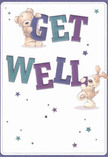 Brimming with joyful energy, this illustrated get well card captures two playful friends-a fluffy teddy and a bouncy pup-delivering a heartfelt message of encouragement from the heart of Hammersmith. Their poses are lively and affectionate-one perched atop a bold 'GET,' the other cozily nestling beside 'WELL'-with their eyes shimmering with hope and caring. The text itself pops in vibrant purples and cool teals, echoing the fresh palettes seen in arrangements from Florist Hammersmith near Stamford Brook. Across a spotless white backdrop, whimsical clusters of blue and violet stars twinkle, creating a festive and uplifting mood that feels right at home by the Thames or amongst the shops of King Street. The card's tactile details-the bear's plush coat, the puppy's floppy ears-echo the comfort offered by a lovingly handcrafted bouquet. Sincere, optimistic, and gently playful, this card is just the thing for anyone in Hammersmith who needs a spark of kindness and support, making a perfect companion to a same-day floral delivery for recovery and well wishes.